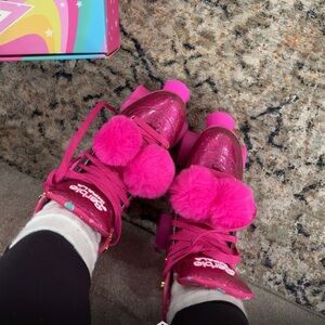 Pink Glitter Roller Skates with Pom Poms